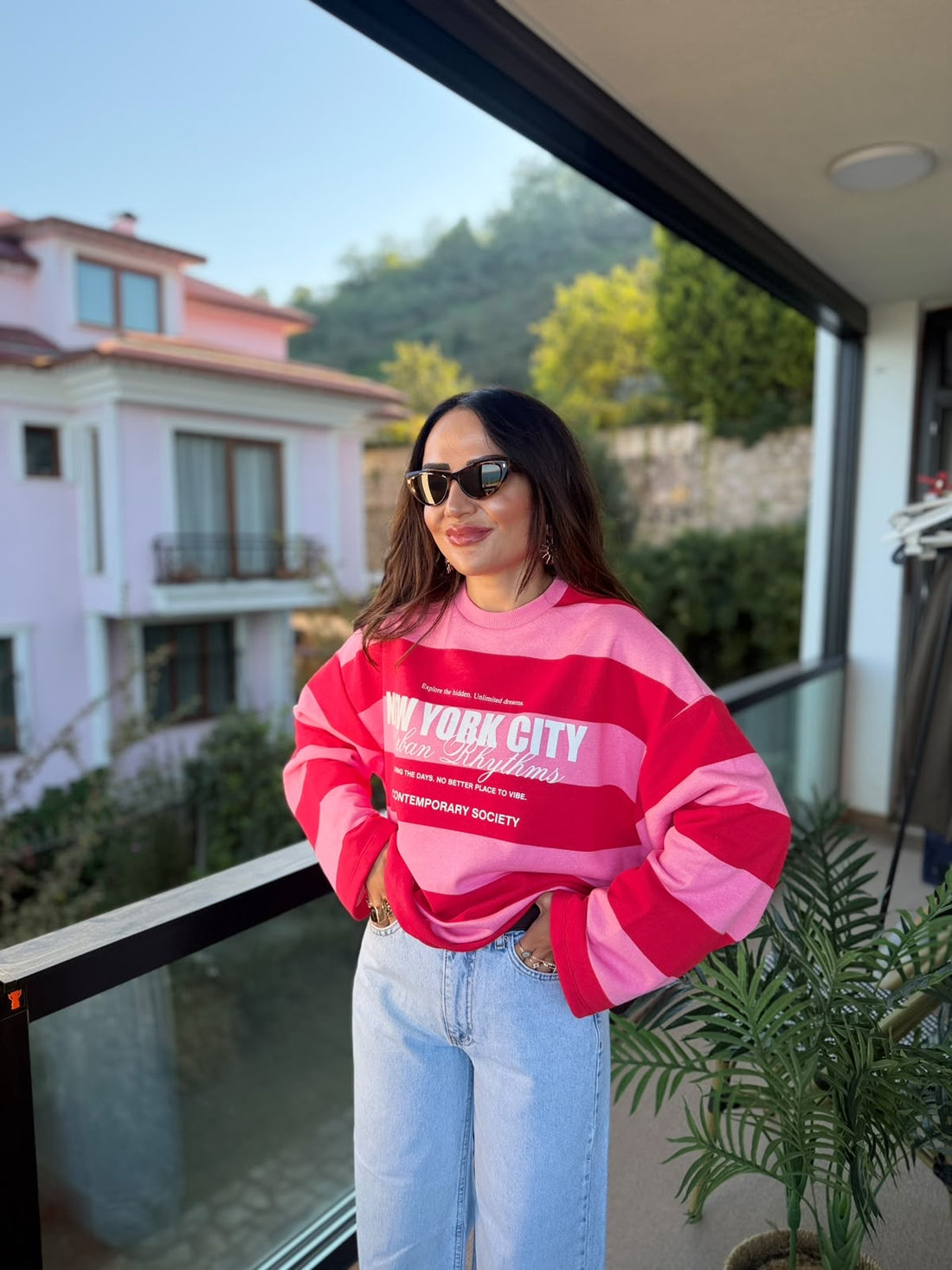 Baskılı Çizgili Oversize Sweatshirt