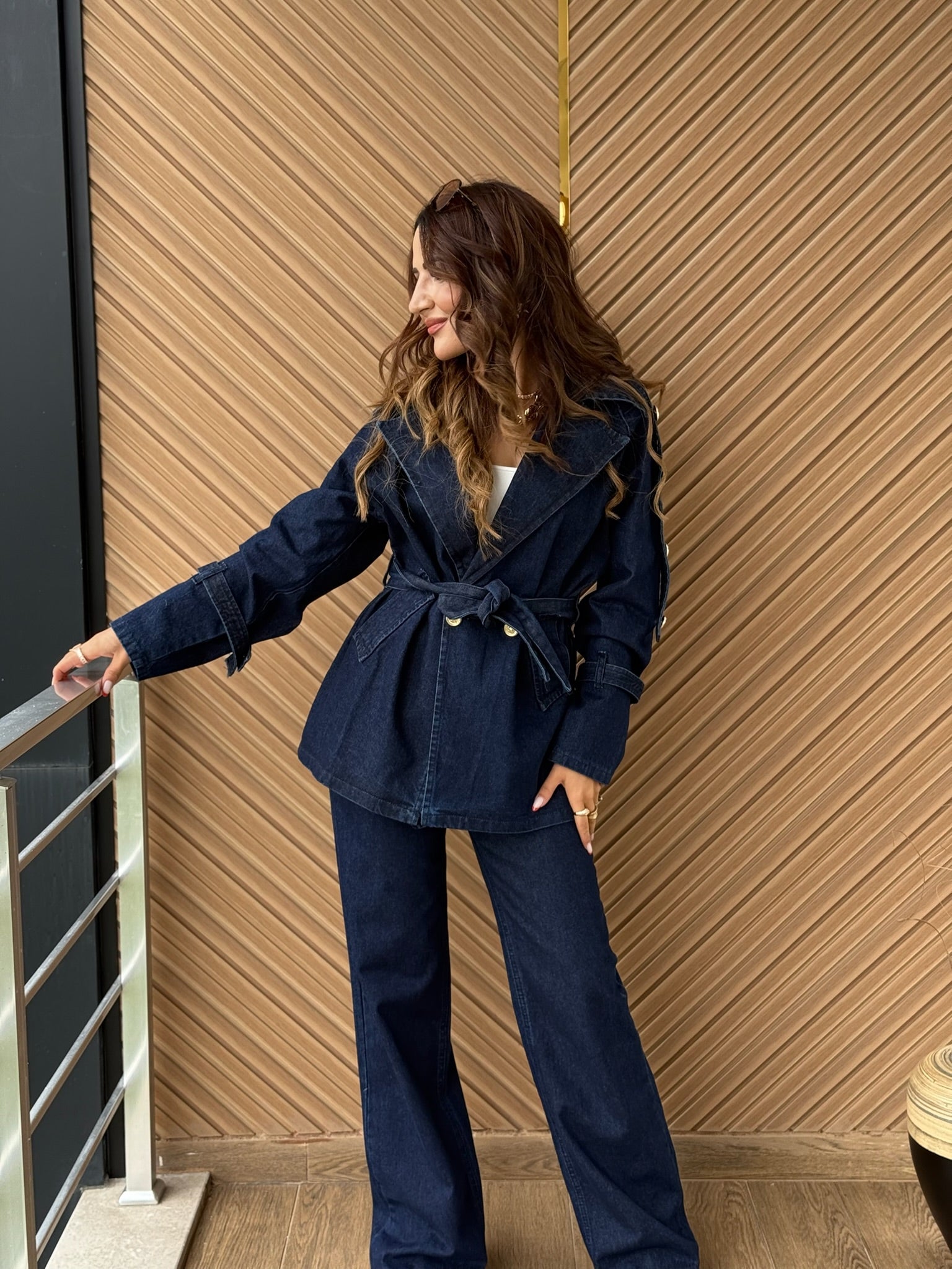 Kemerli Denim Ceket Pantolon Takım