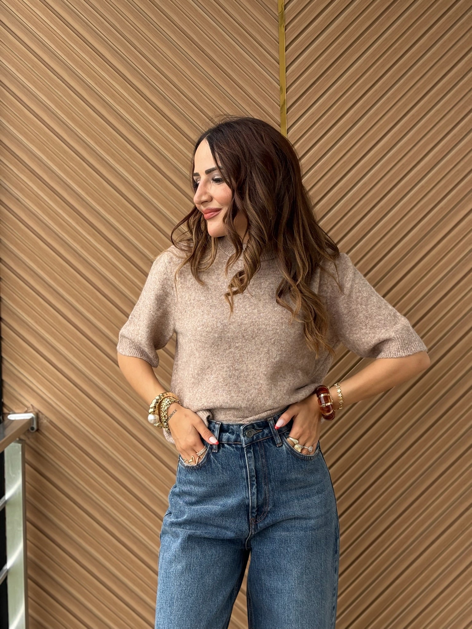 Yarım Kollu Bej Triko Kazak