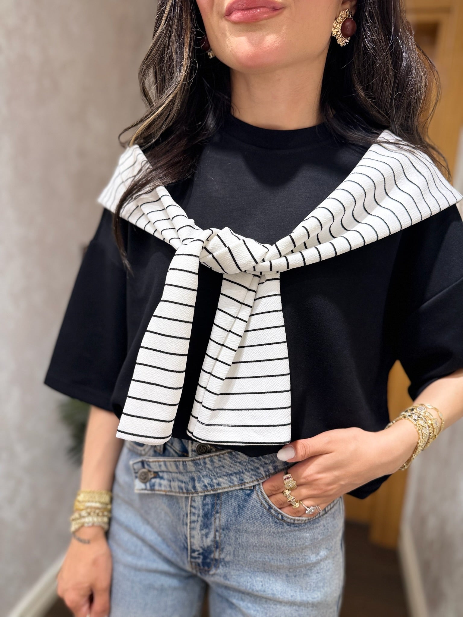 Şal Detaylı Oversize Tişört