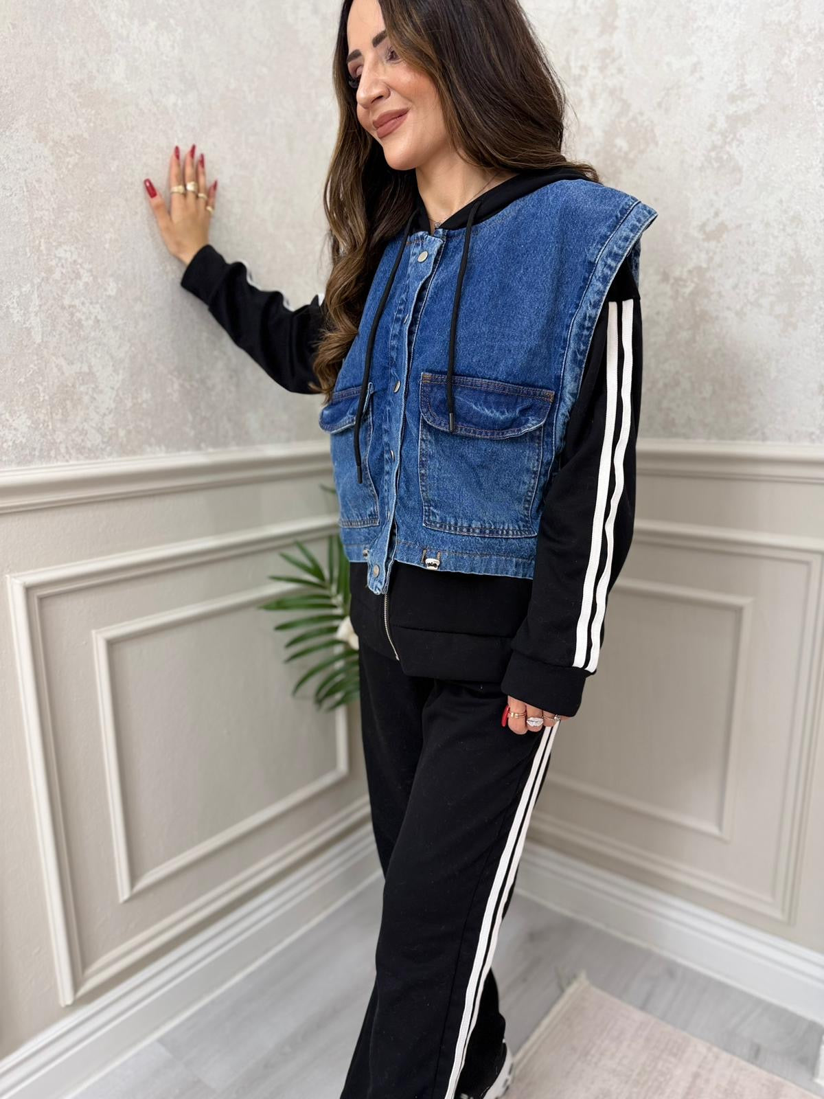 Kapüşon Detaylı Denim Yelek & Eşofman Takım