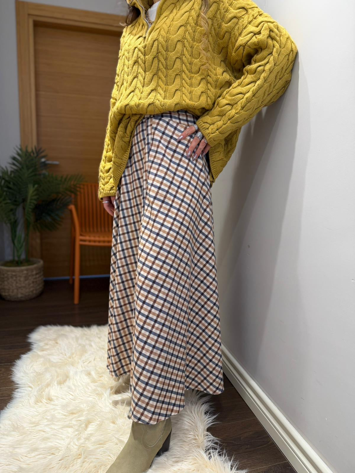 🤎 Ekose Desenli A Kesim Uzun Etek