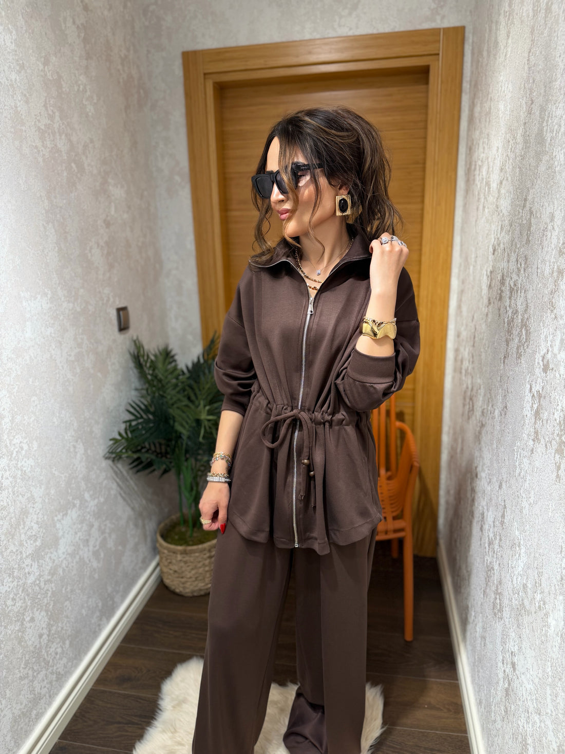 Sisu Fermuarlı Bel Büzgülü Kahve Takım