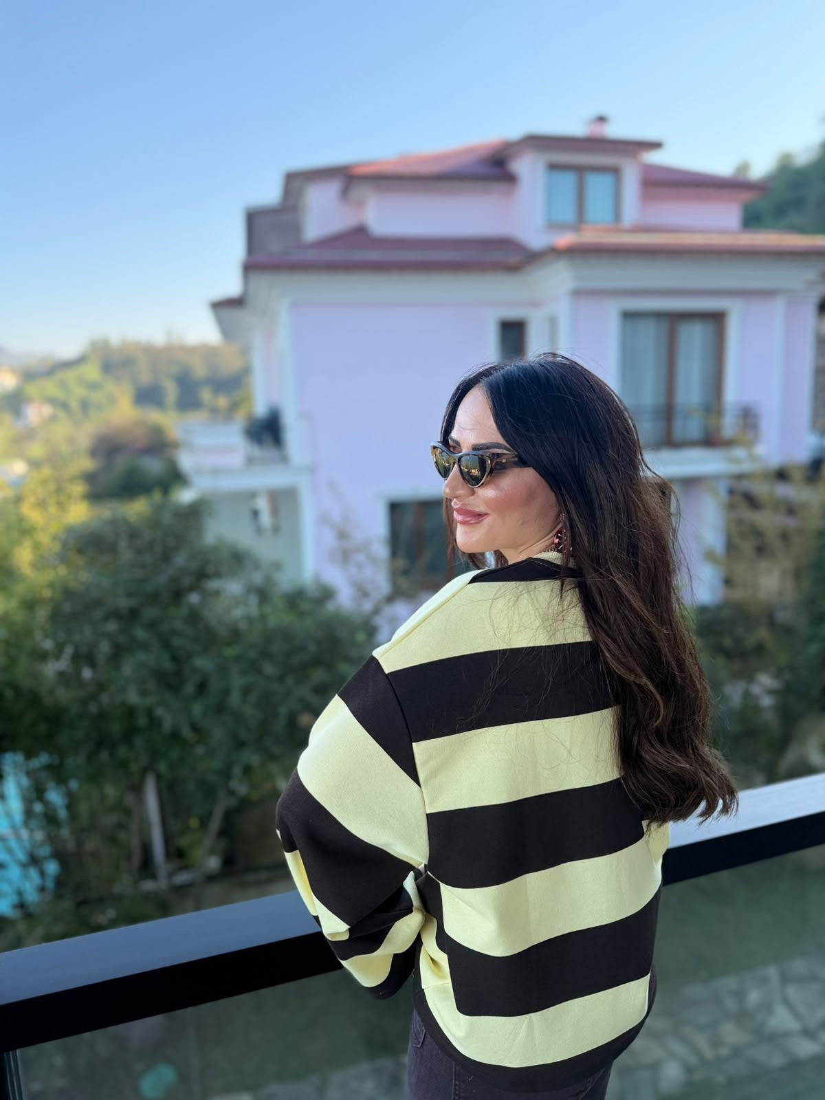 Baskılı Çizgili Oversize Sweatshirt