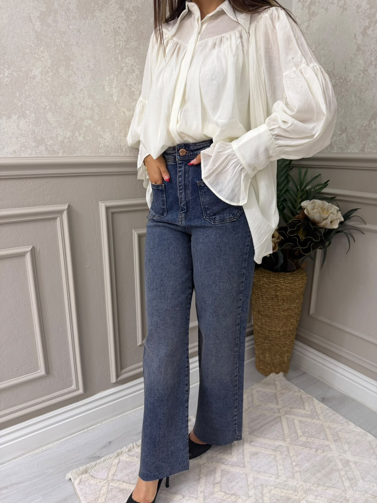 Ön Cepli Yüksek Bel Wide Leg Jean Pantolon