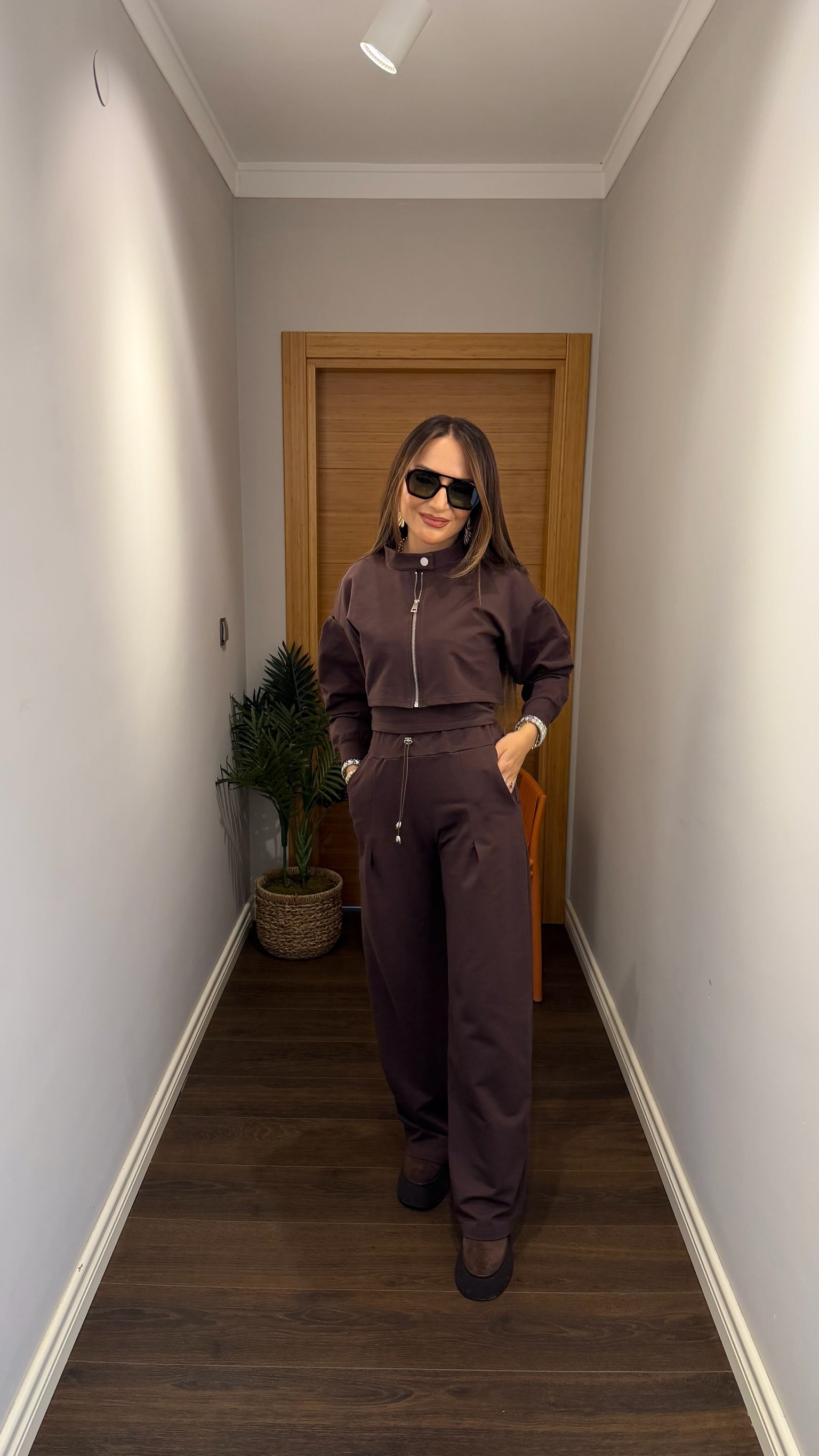 Fermuar Detaylı Crop Ceket & Pantolon Takım