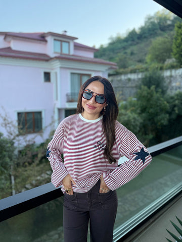 Çizgili Yıldız Detaylı Sweatshirt