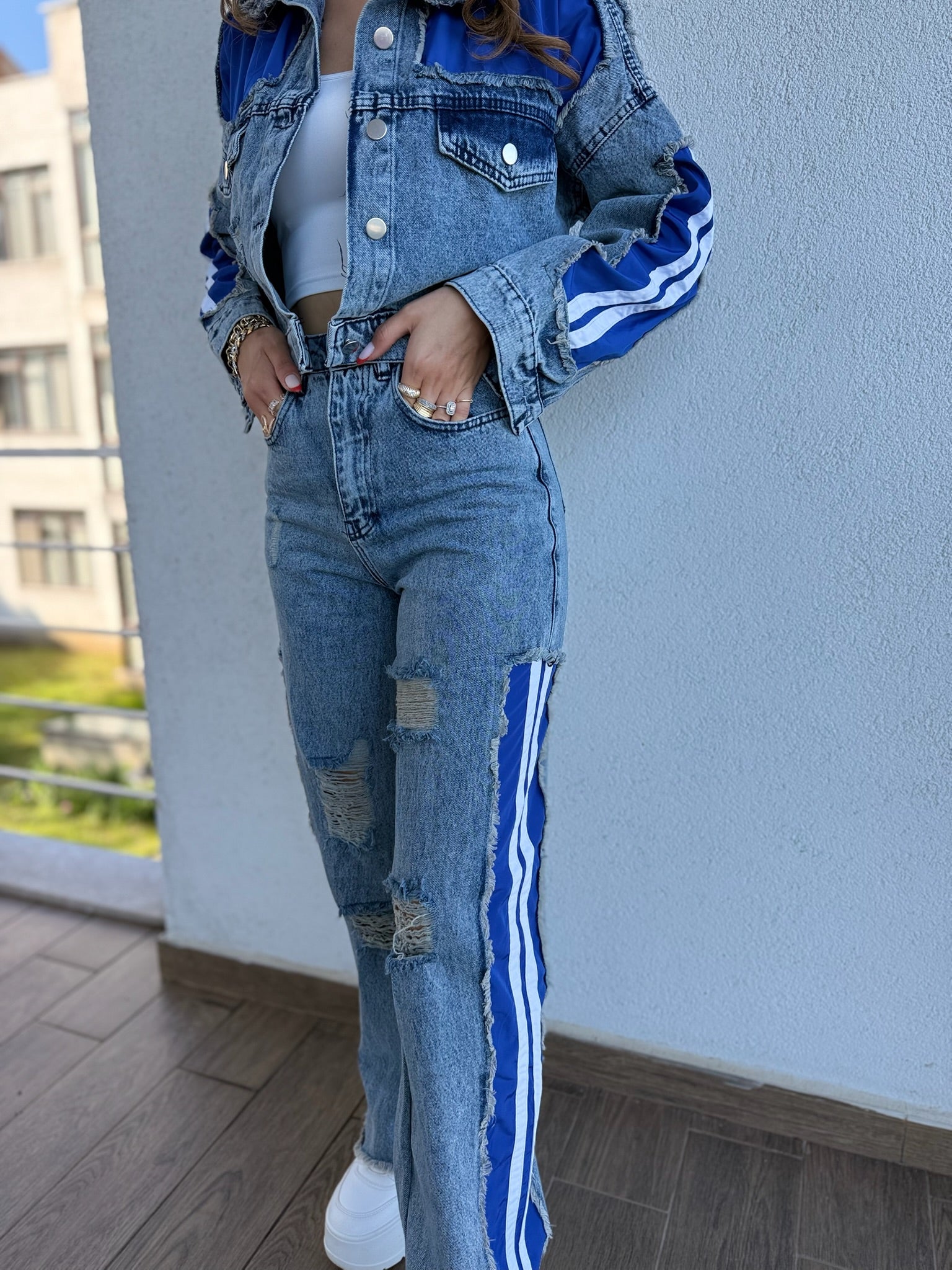 Şerit Detaylı Denim Ceket ve Pantolon Takımı