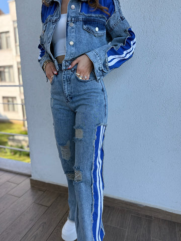 Şerit Detaylı Denim Ceket ve Pantolon Takımı