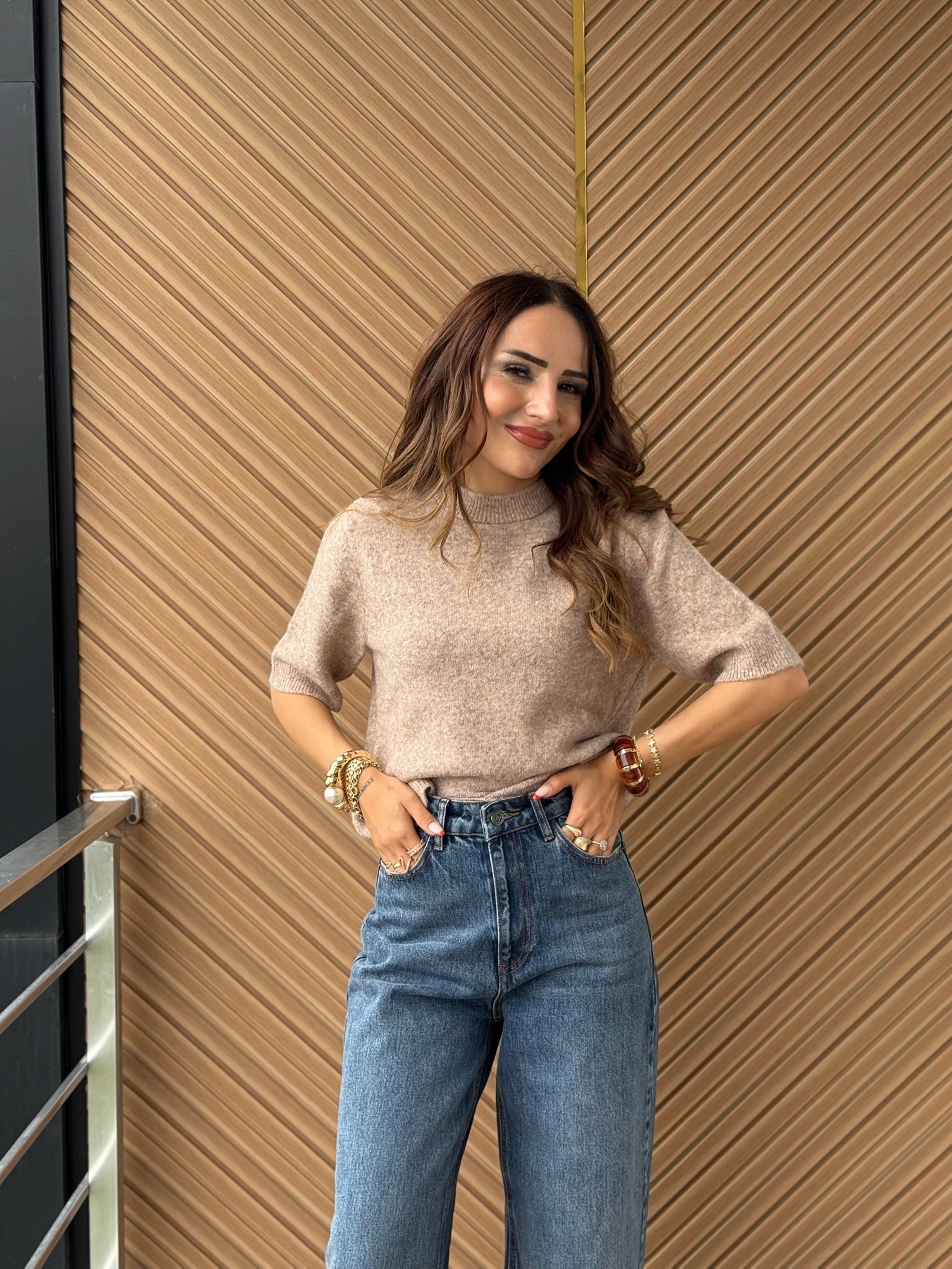 Yarım Kollu Bej Triko Kazak