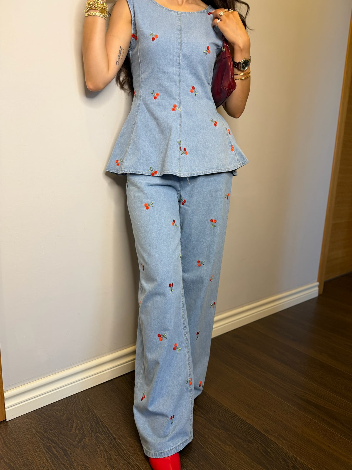 Çiçek Desenli Peplum Bluz & Pantolon Takım – Mavi