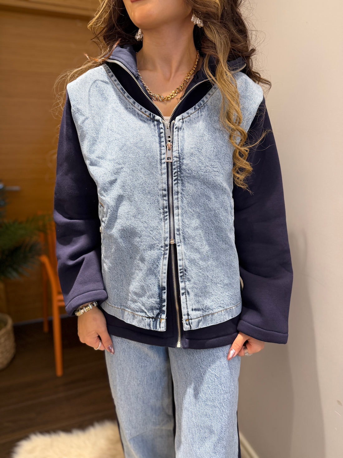 👖🧥 Denim Yelek Detaylı Kapüşonlu Takım