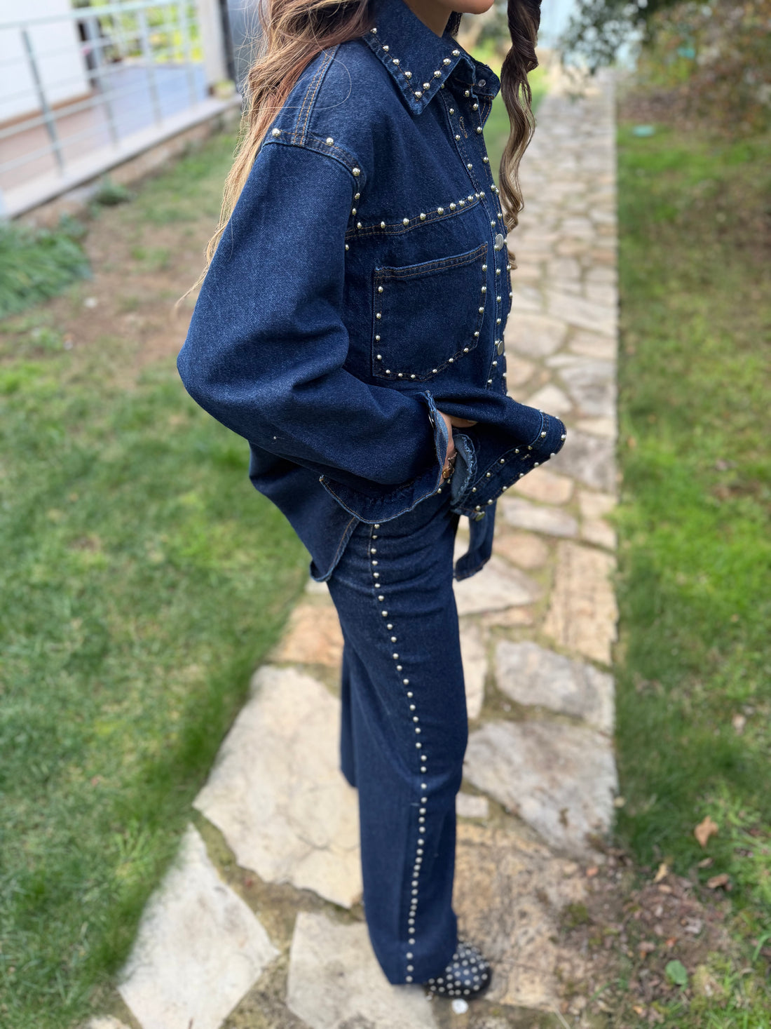 Taş Detaylı Denim Gömlek & Pantolon Takım