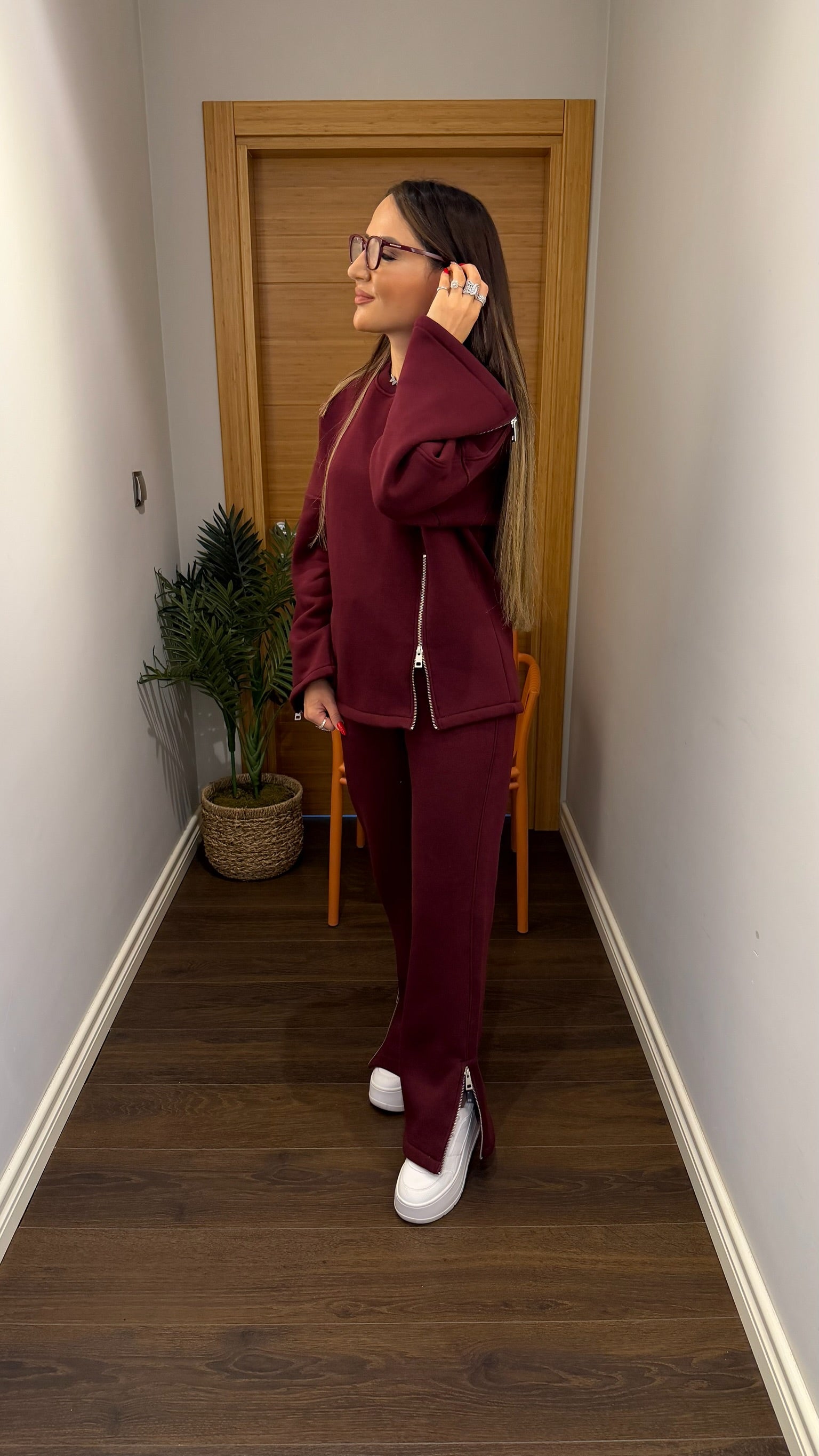 Fermuar Detaylı Bordo Eşofman Takımı