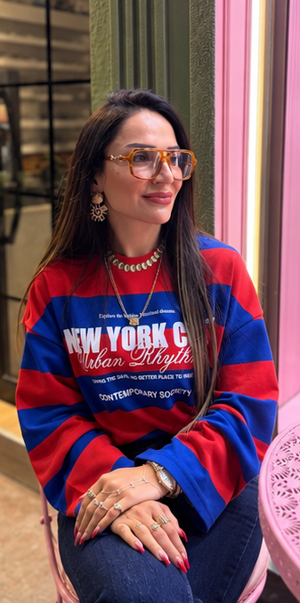 Çizgili New York Baskılı Oversize Sweatshirt