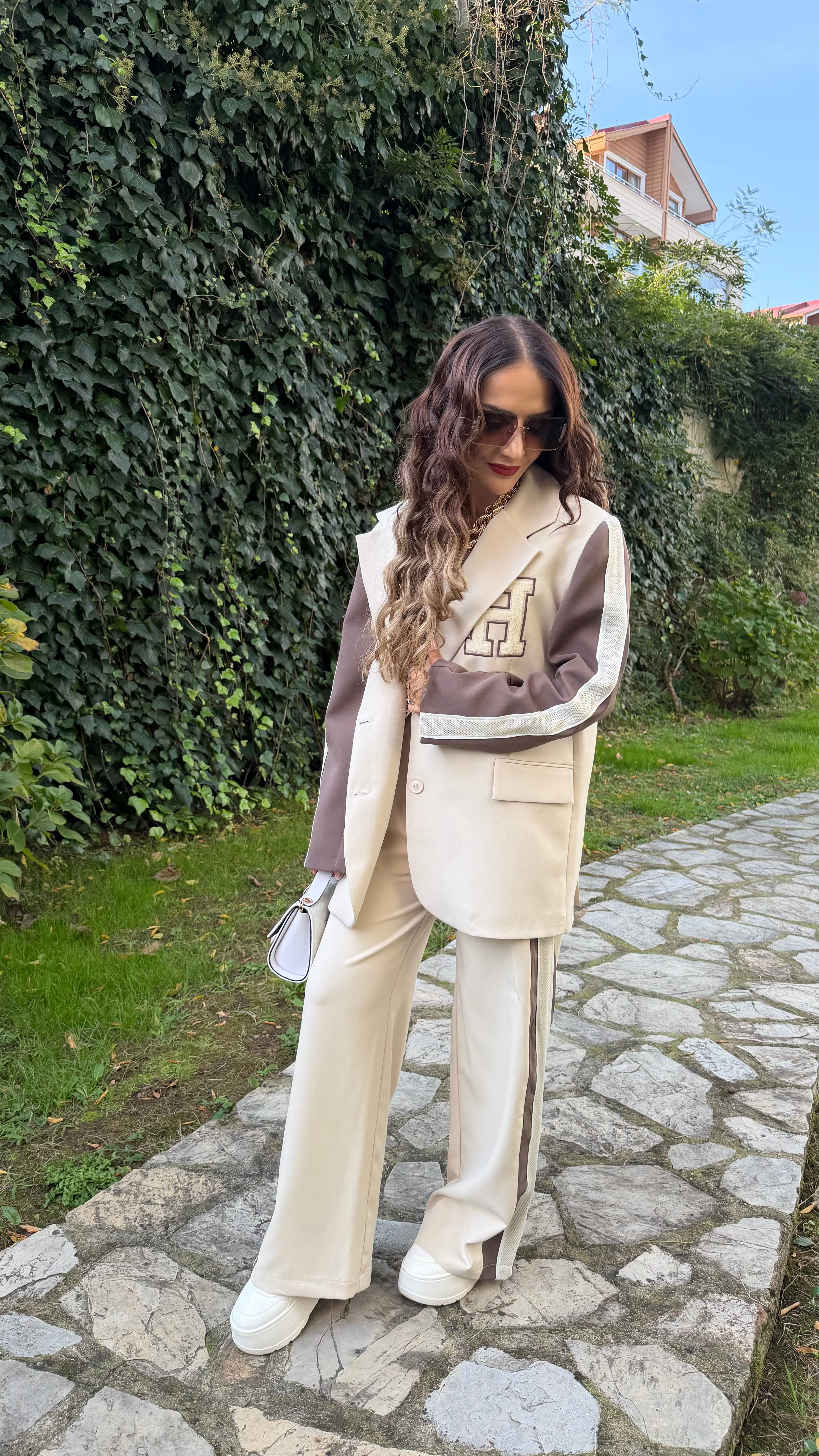 🤎🤍 Şerit Detaylı Blazer Pantolon Takım 🤍🤎