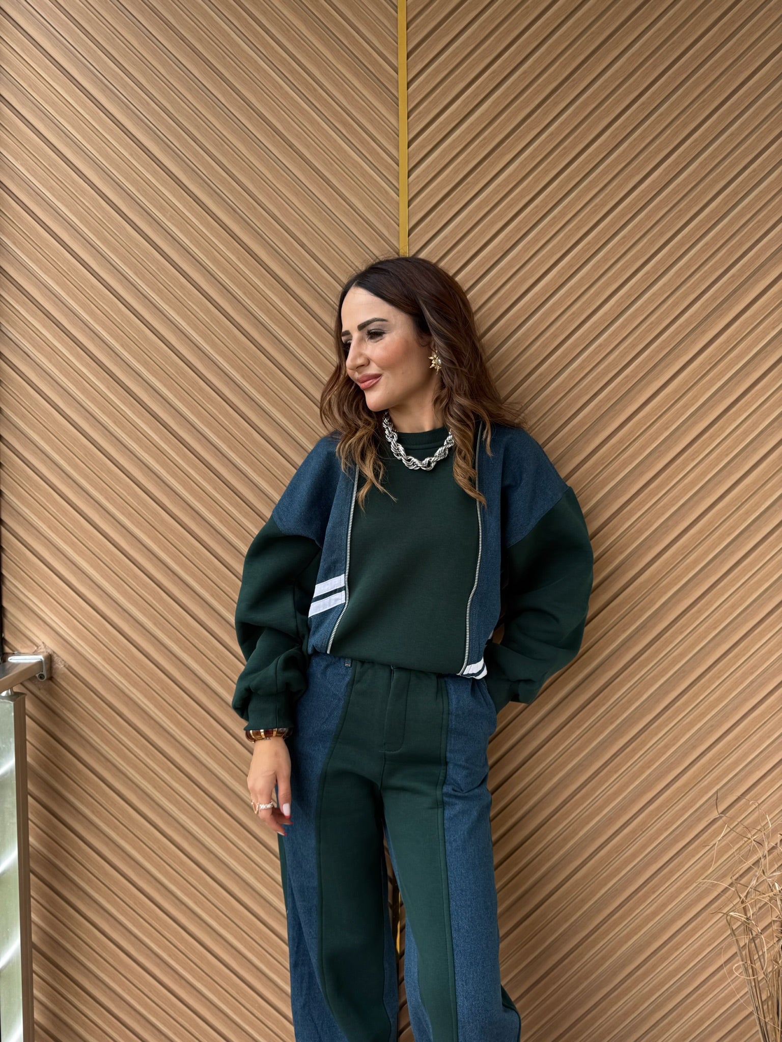 İki Renkli Sweatshirt & Pantolon Takım – Yeşil & Lacivert