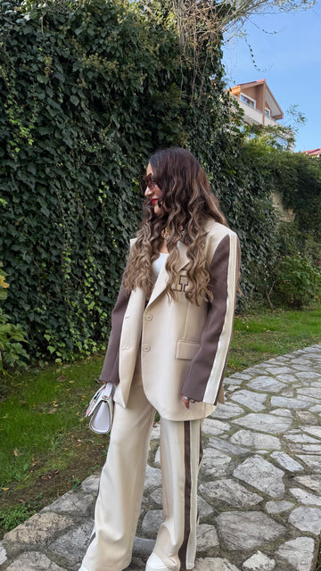 🤎🤍 Şerit Detaylı Blazer Pantolon Takım 🤍🤎