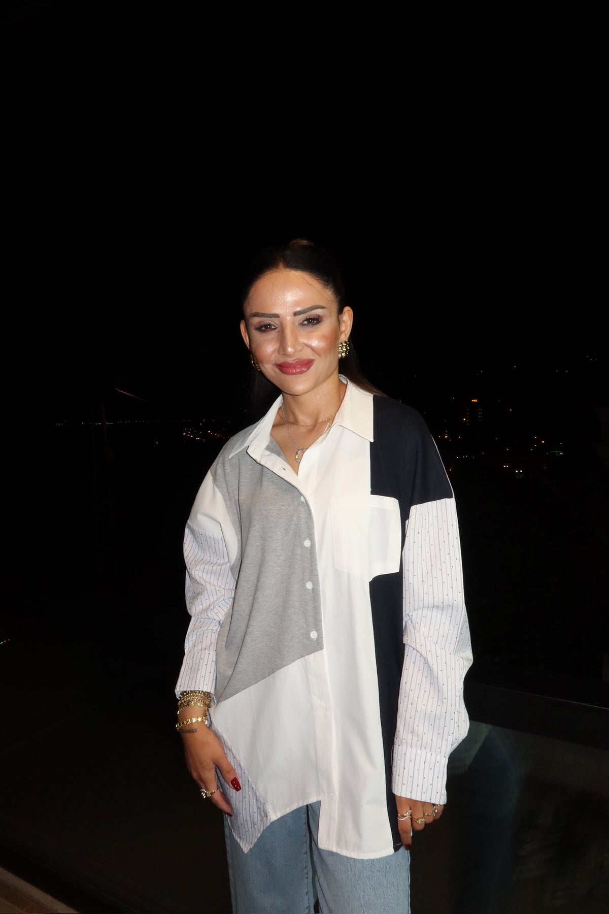 Renk Bloklu Çizgili Oversize Gömlek