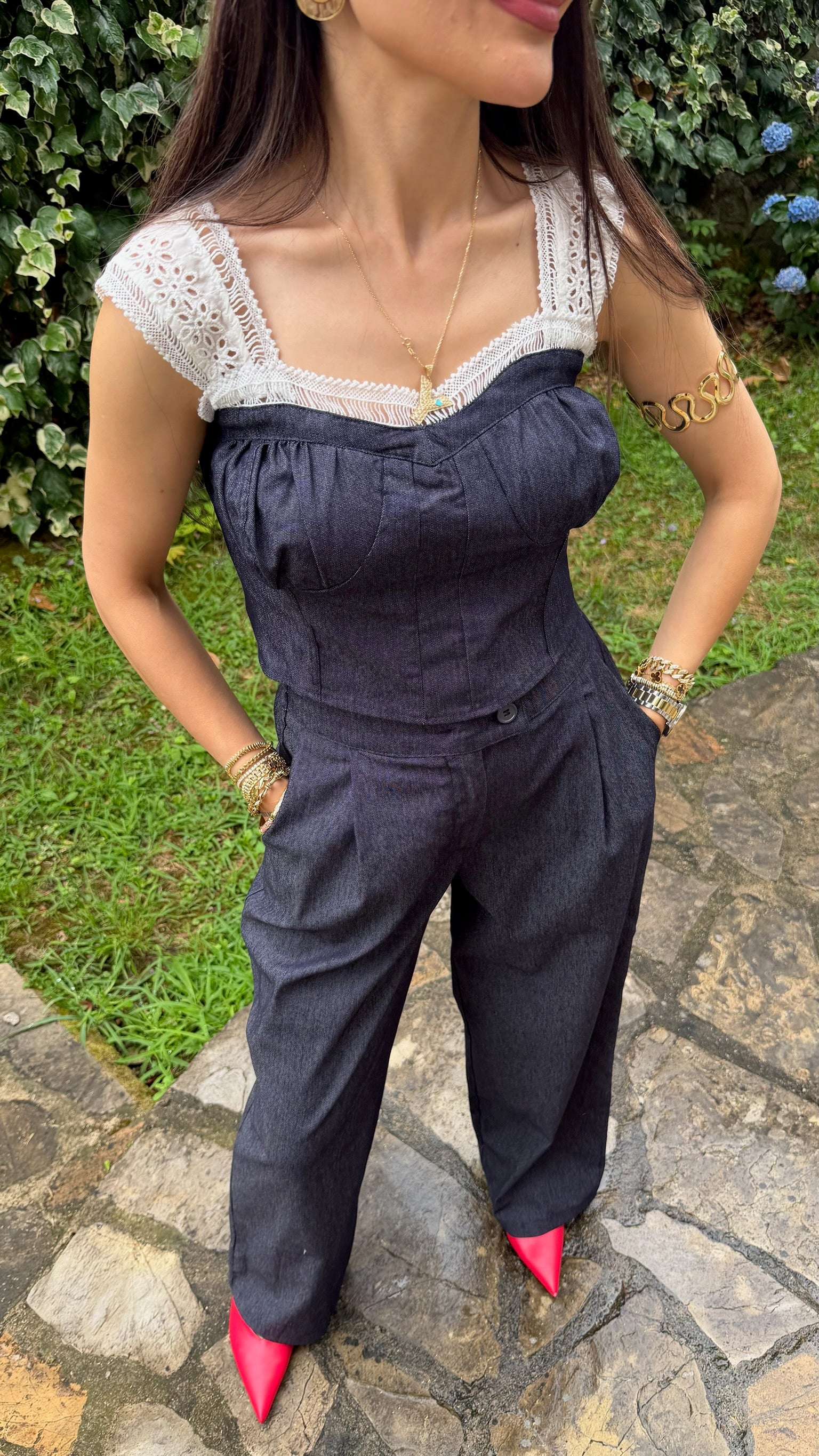 Denim Görünümlü Dantel Detaylı Takım
