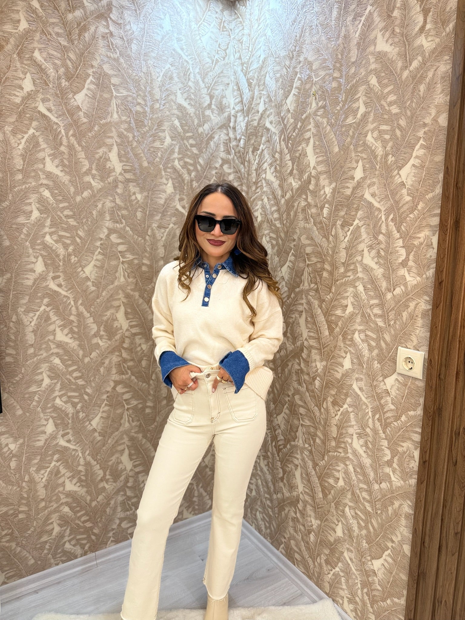 Denim Detaylı Triko Üst