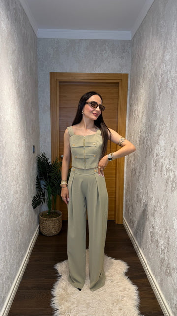 Gold Düğme Detaylı Crop Takım – Haki