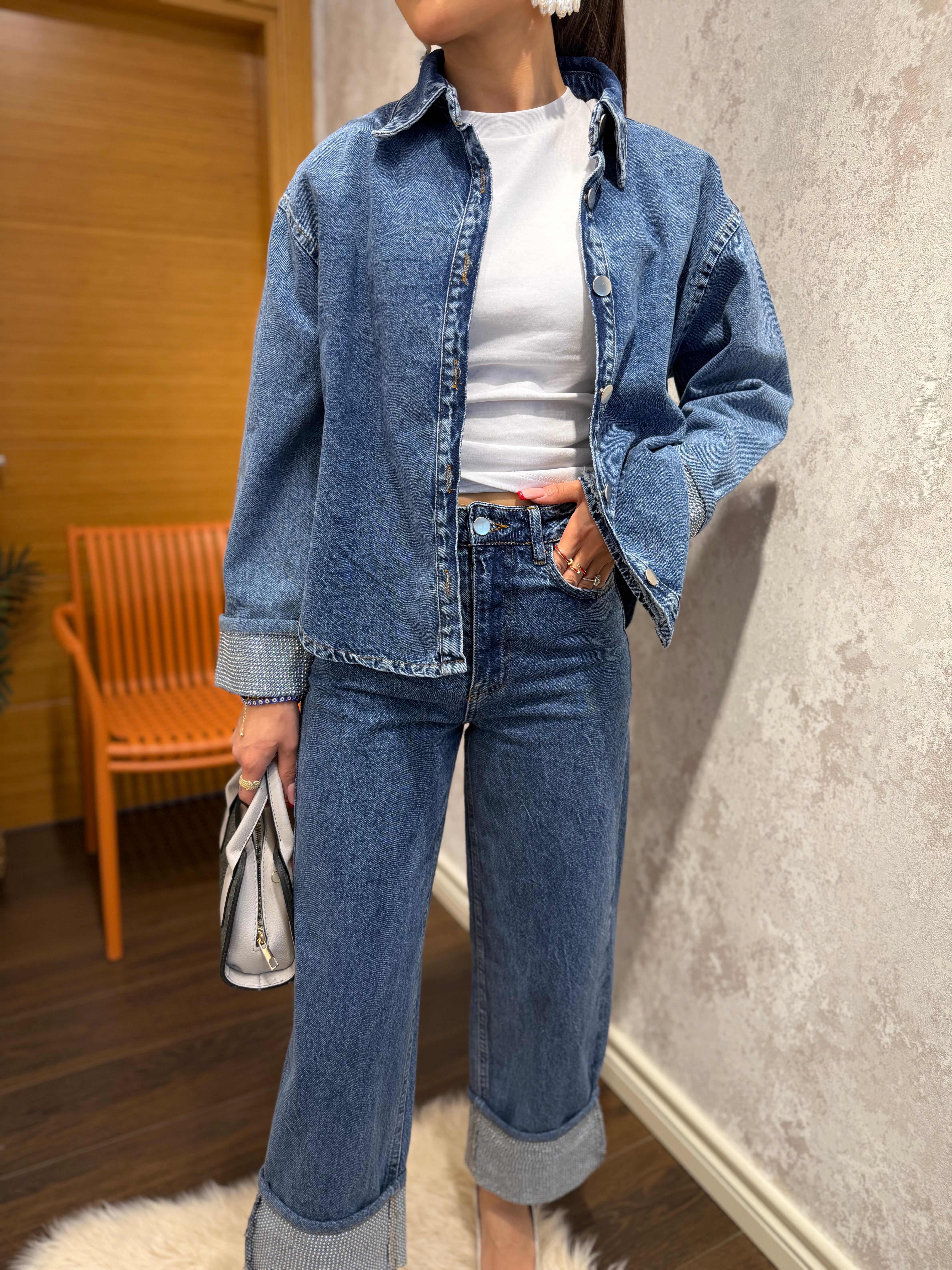 Taş Detaylı Jean Ceket & Pantolon Takım