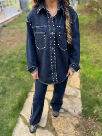 Taş Detaylı Denim Gömlek & Pantolon Takım