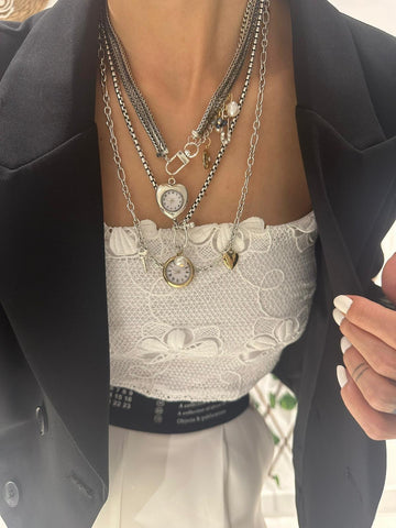 Çoklu Zincir Detaylı Saat Uçlu Çelik Kolye Seti