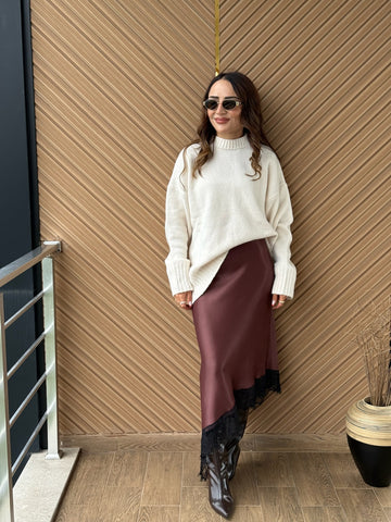 Dantel Detaylı Saten Midi Etek – Bordo