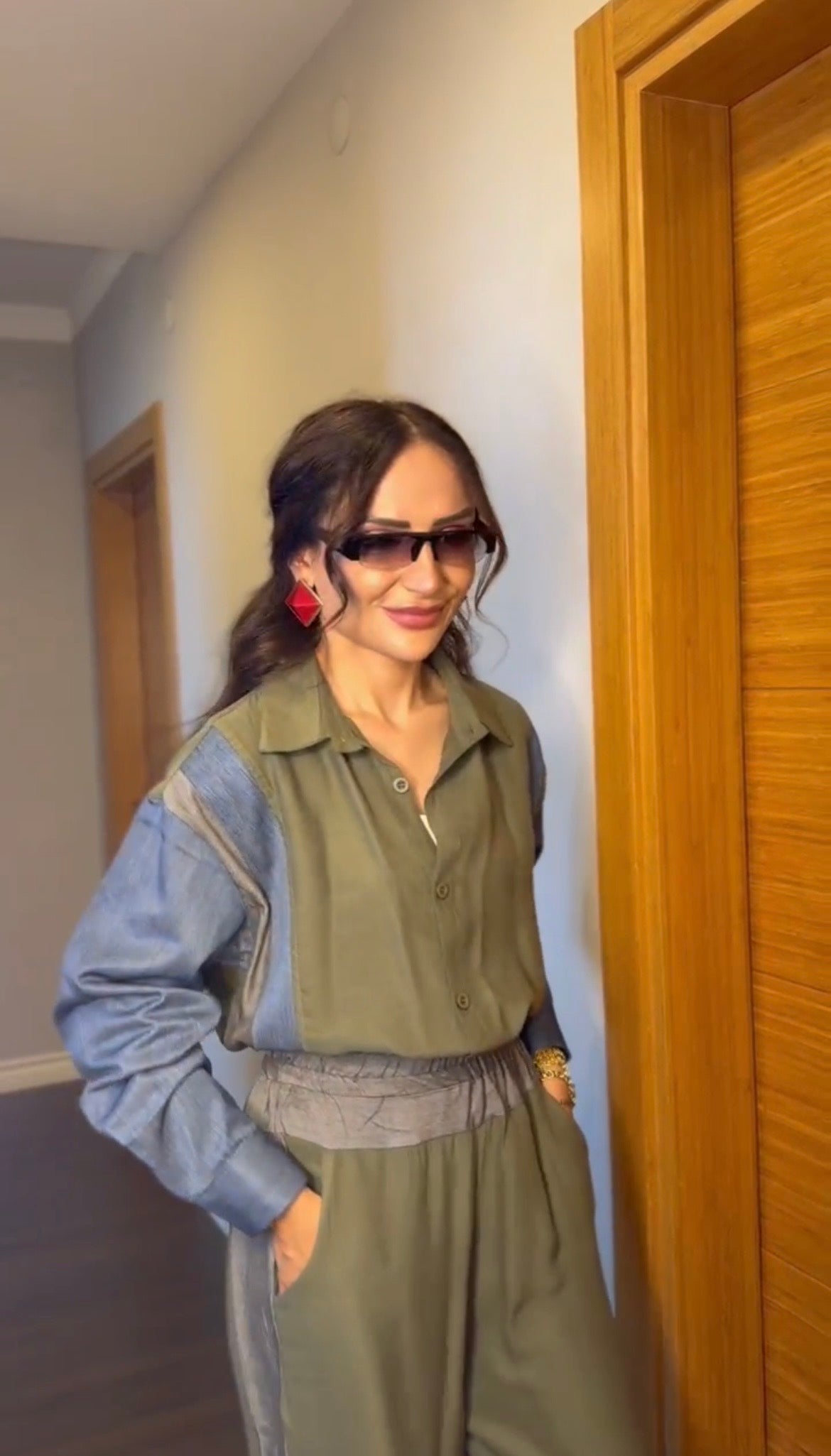 Haki Denim Detaylı İkili Takım