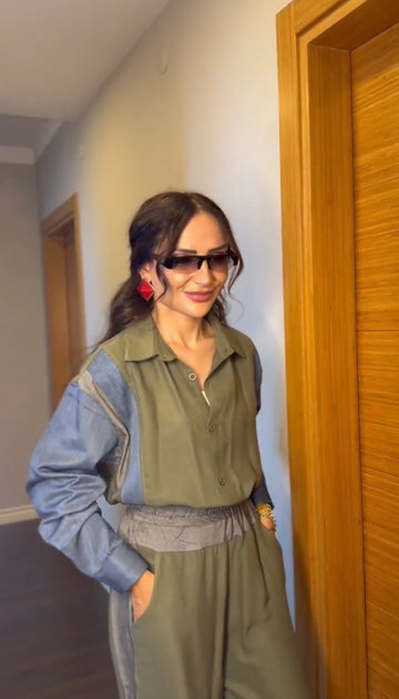Haki Denim Detaylı İkili Takım