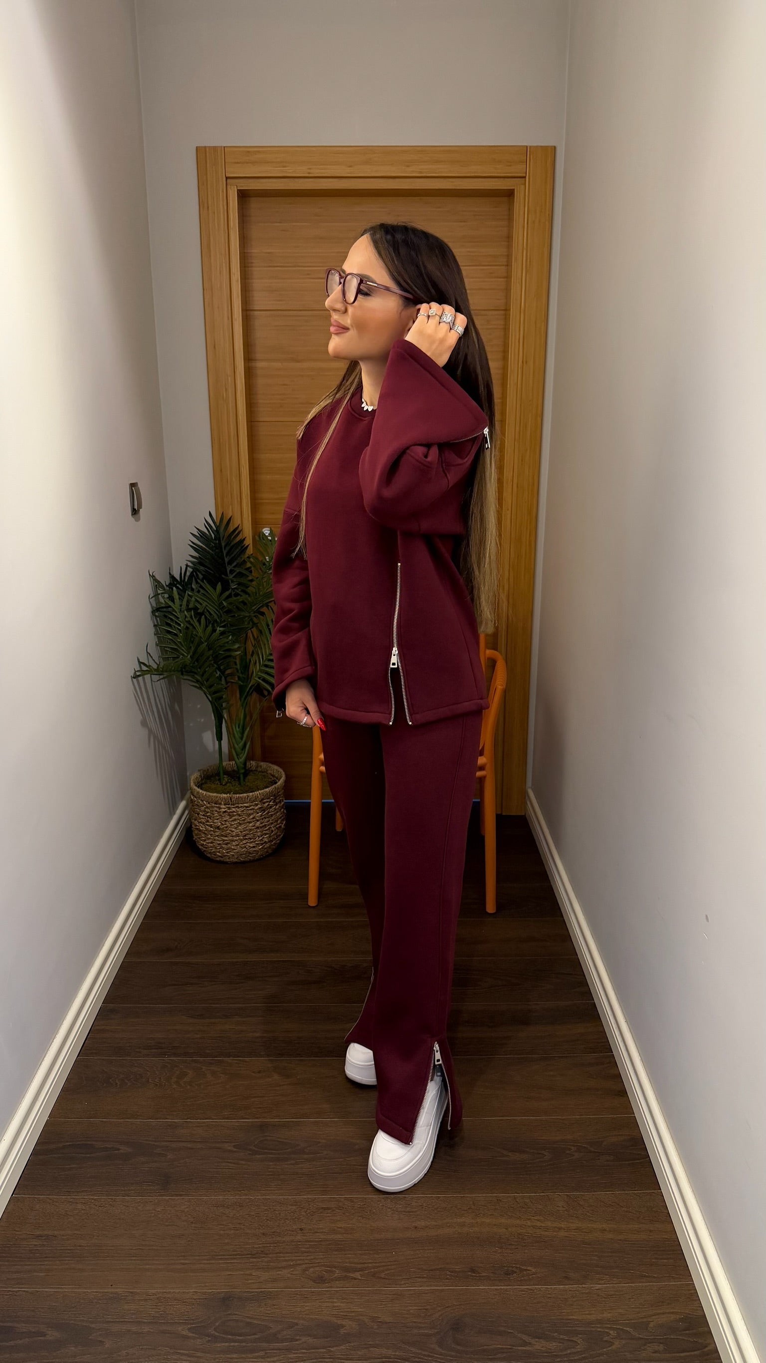 Fermuar Detaylı Bordo Eşofman Takımı