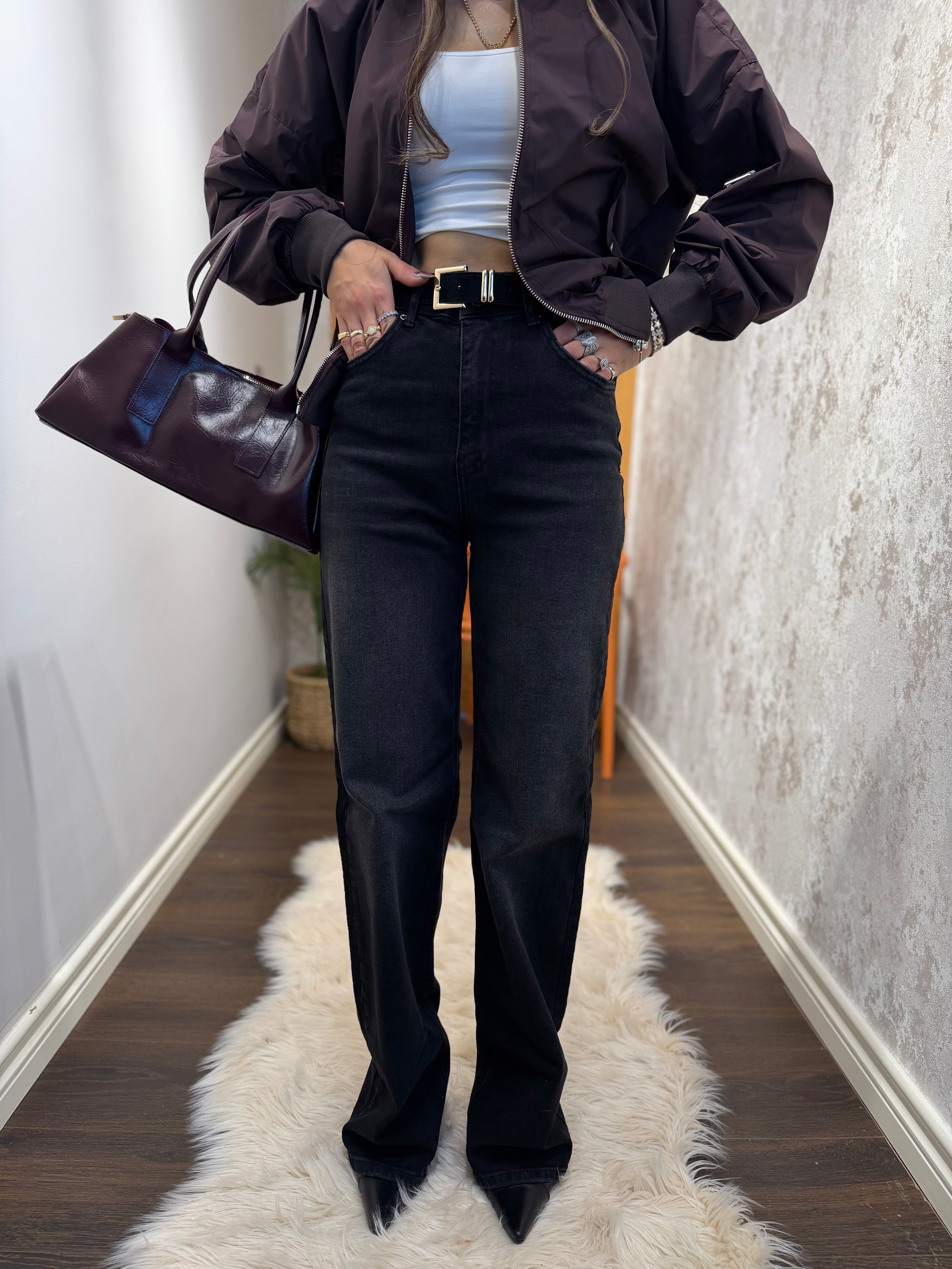 Yüksek Bel Bol Paça Siyah Jean Pantolon