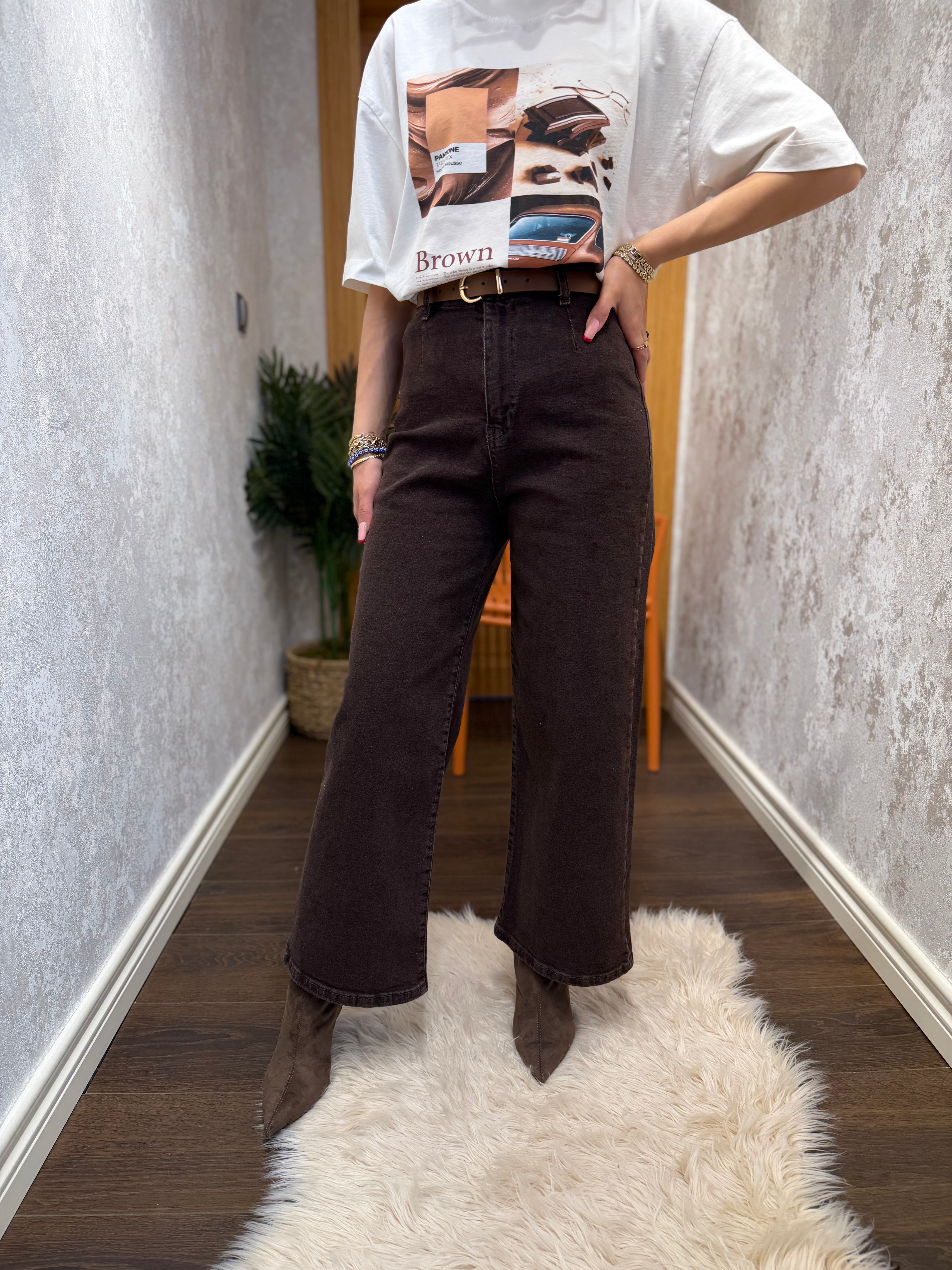 Kahverengi Yüksek Bel Jean Pantolon