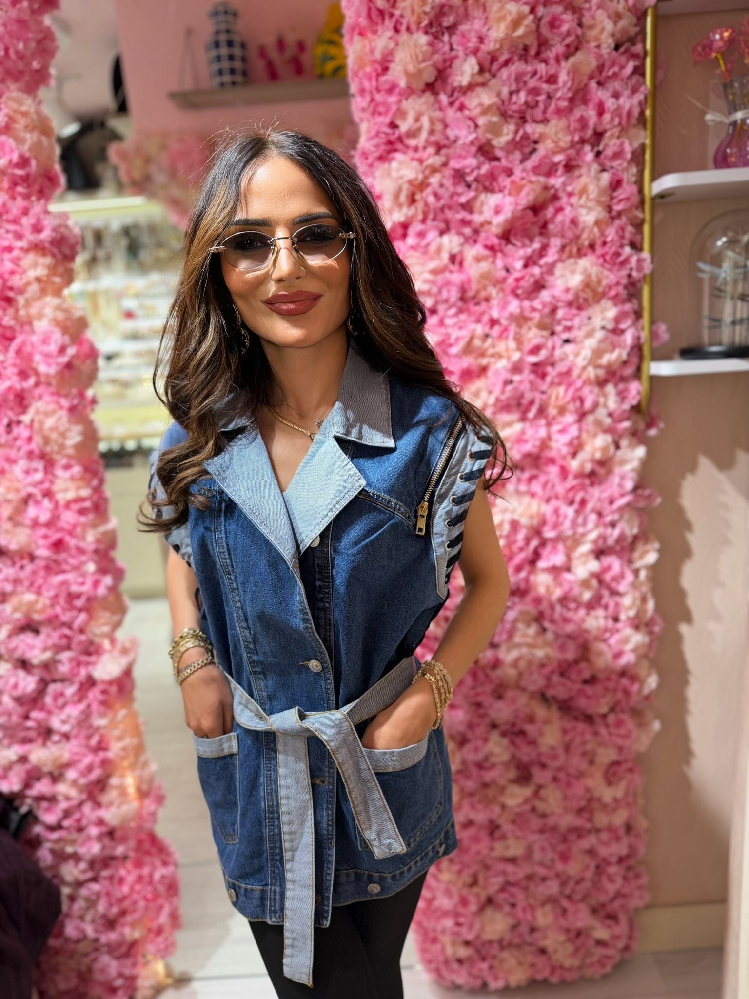 Kuşak Detaylı Denim Yelek