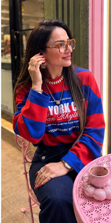 Çizgili New York Baskılı Oversize Sweatshirt