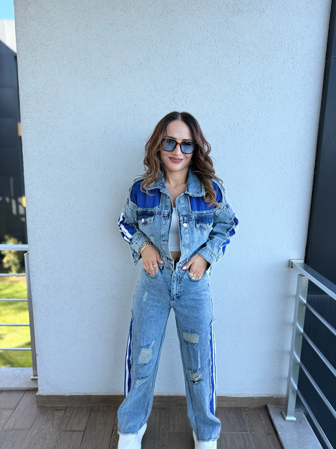 Şerit Detaylı Denim Ceket ve Pantolon Takımı