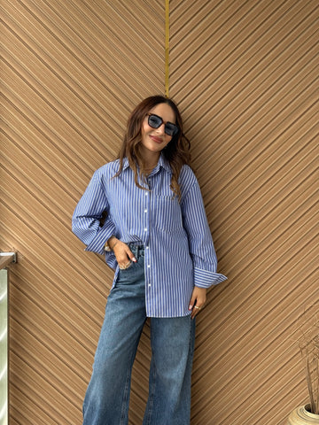 Mavi Çizgili Oversize Poplin Gömlek