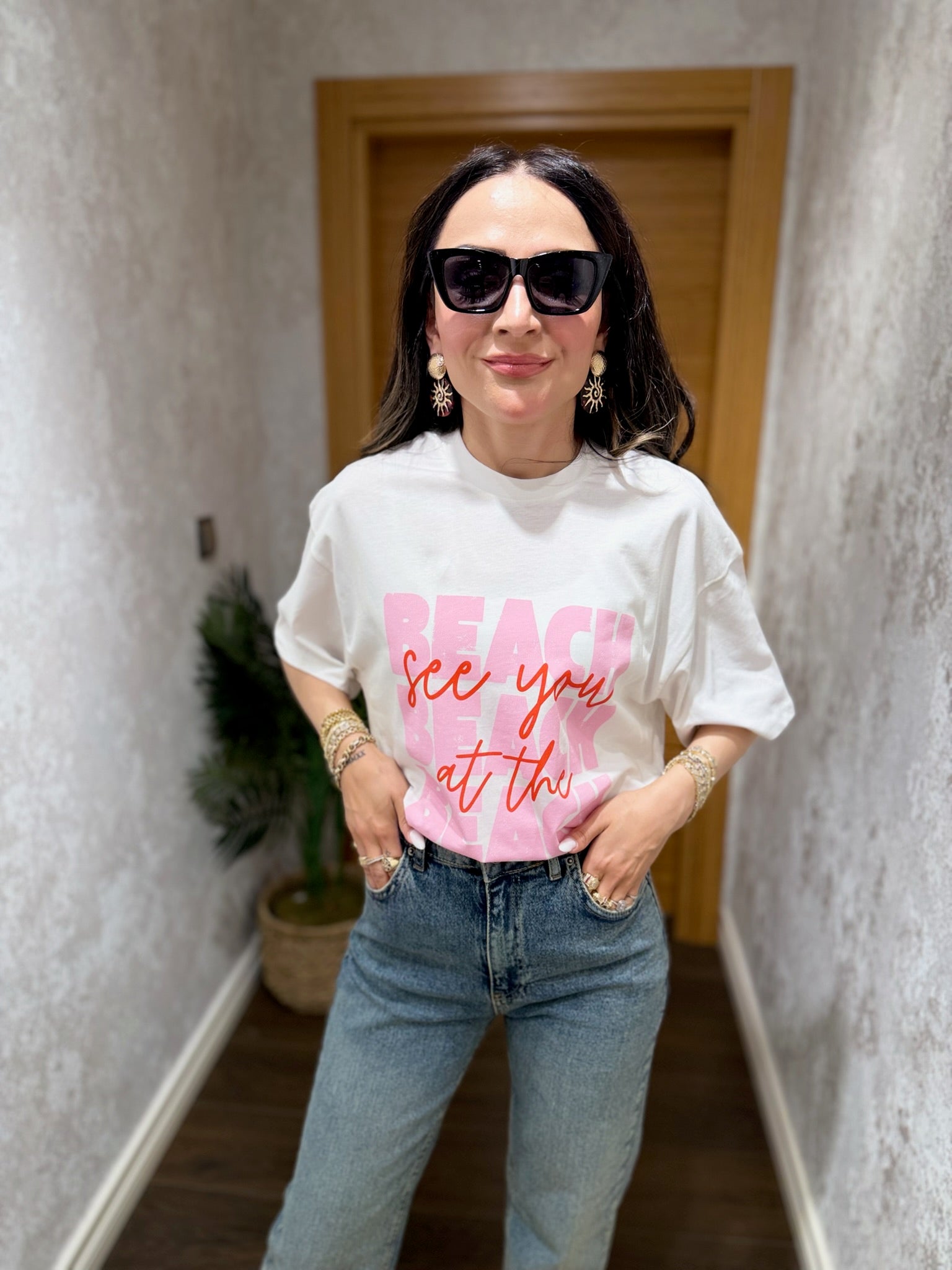 Beach Baskılı Oversize Tişört