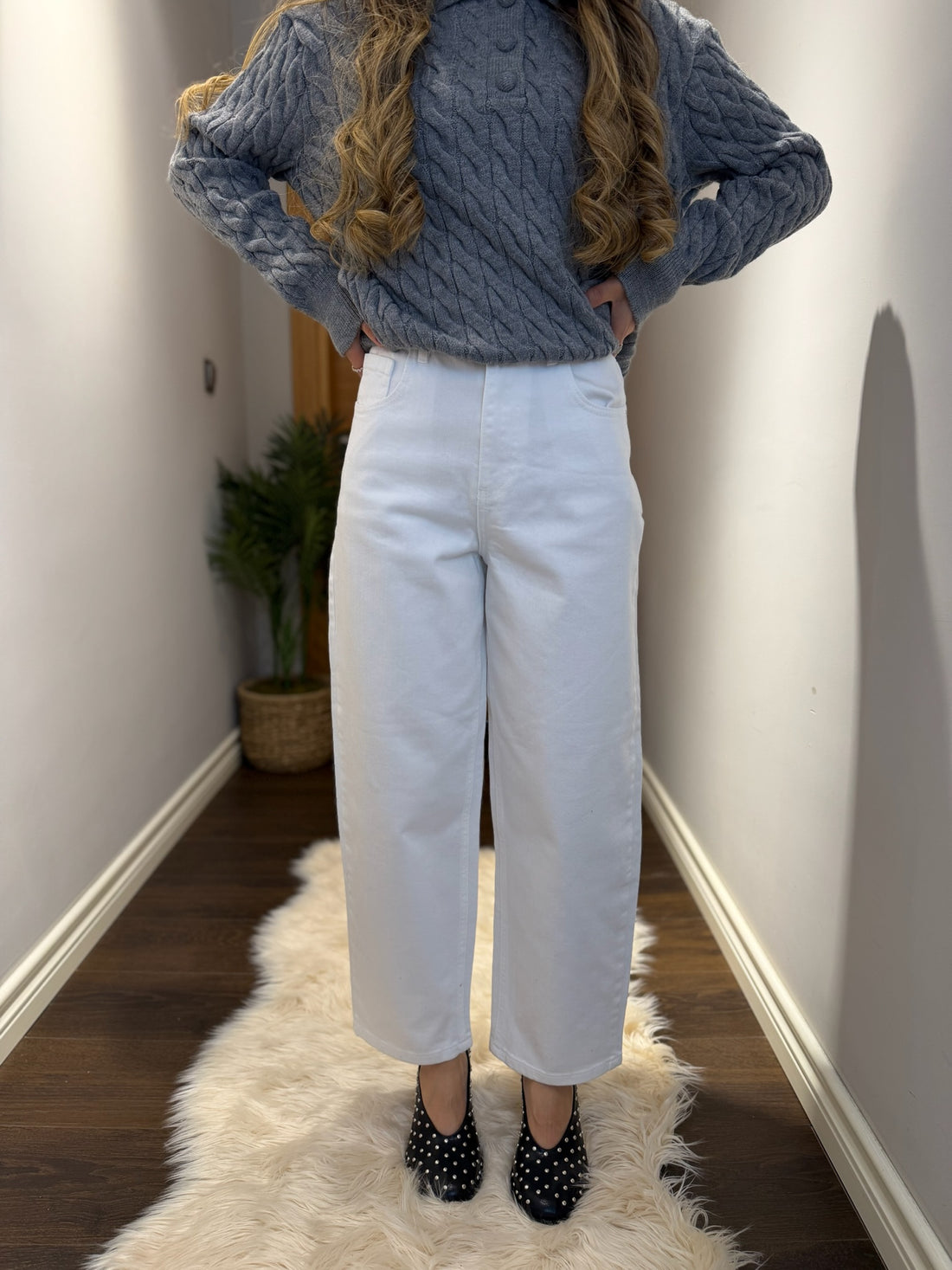 Yüksek Bel Bol Paça Beyaz Jean Pantolon