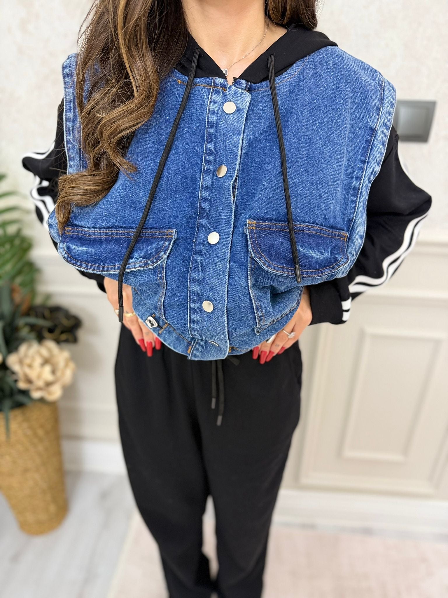 Kapüşon Detaylı Denim Yelek & Eşofman Takım