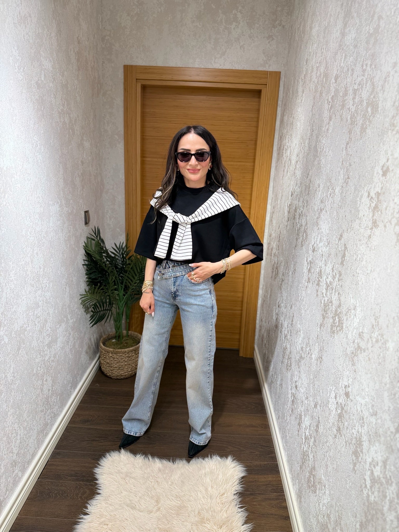 Şal Detaylı Oversize Tişört