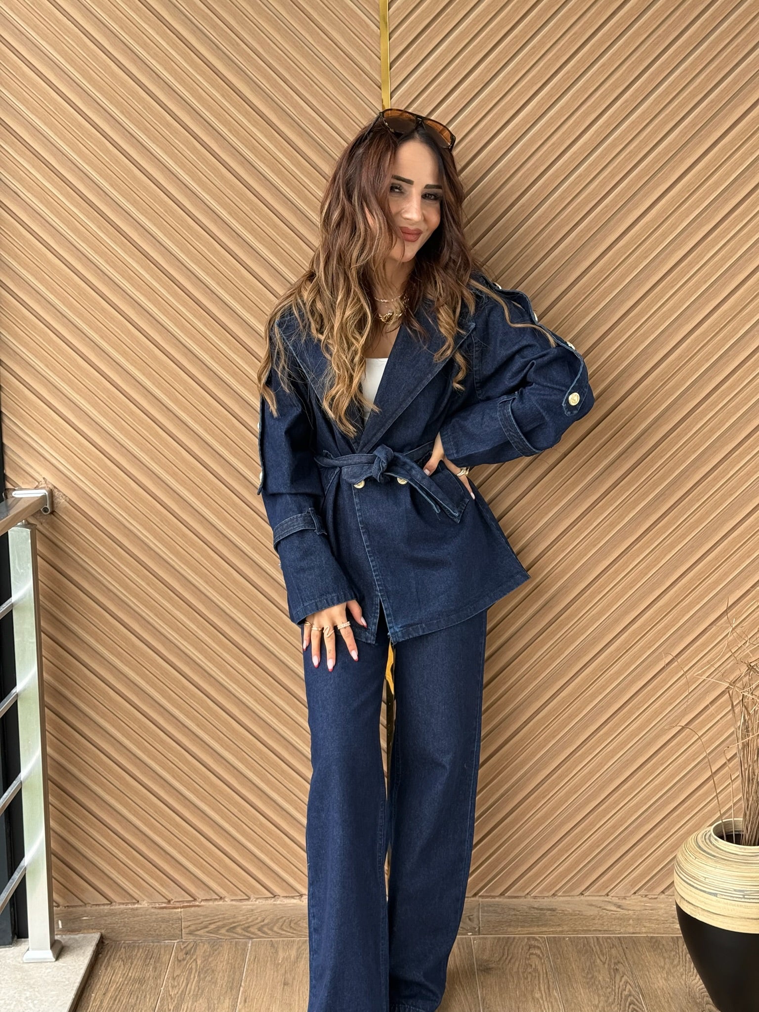 Kemerli Denim Ceket Pantolon Takım