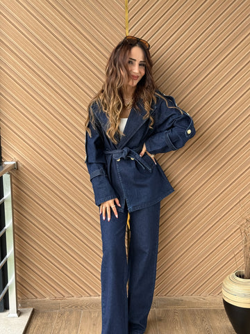 Kemerli Denim Ceket Pantolon Takım
