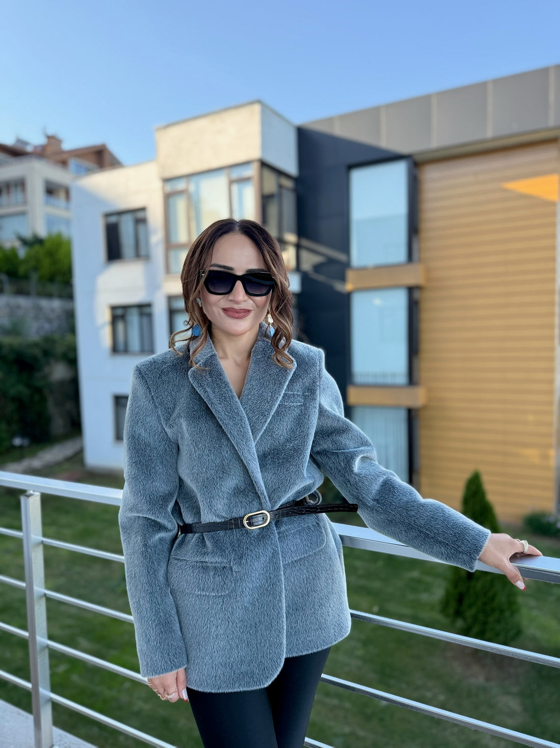 Kemerli Gri Yünlü Dış Giyim Ceket