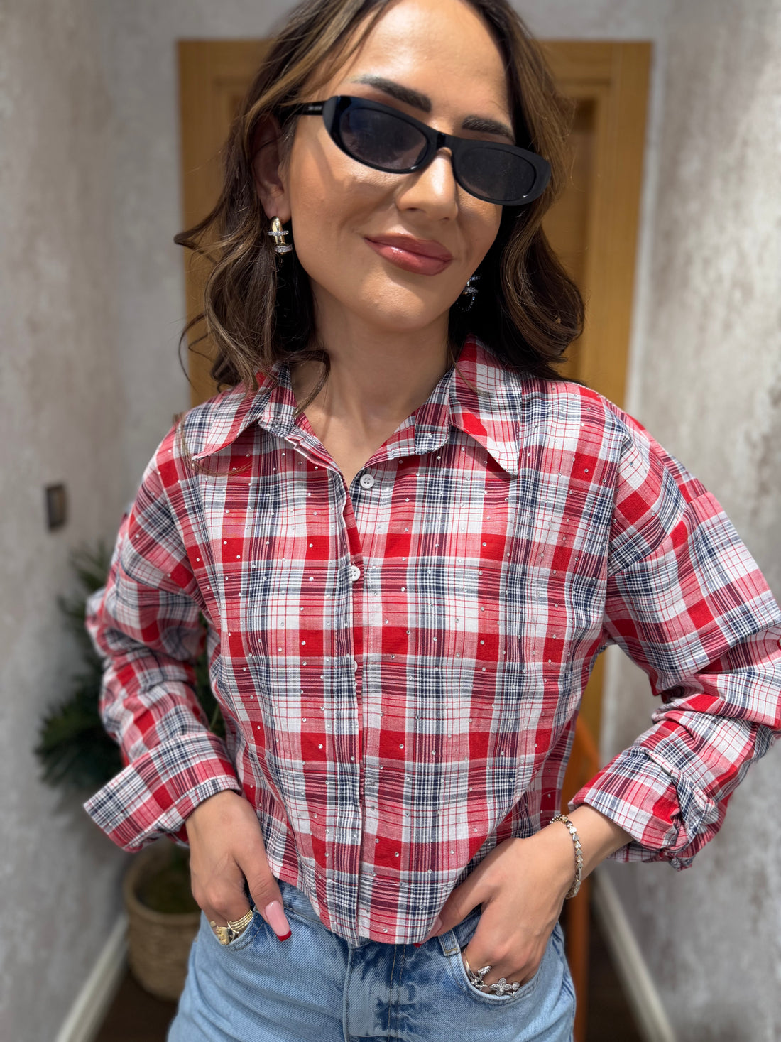 Taş Detaylı Ekose Gömlek