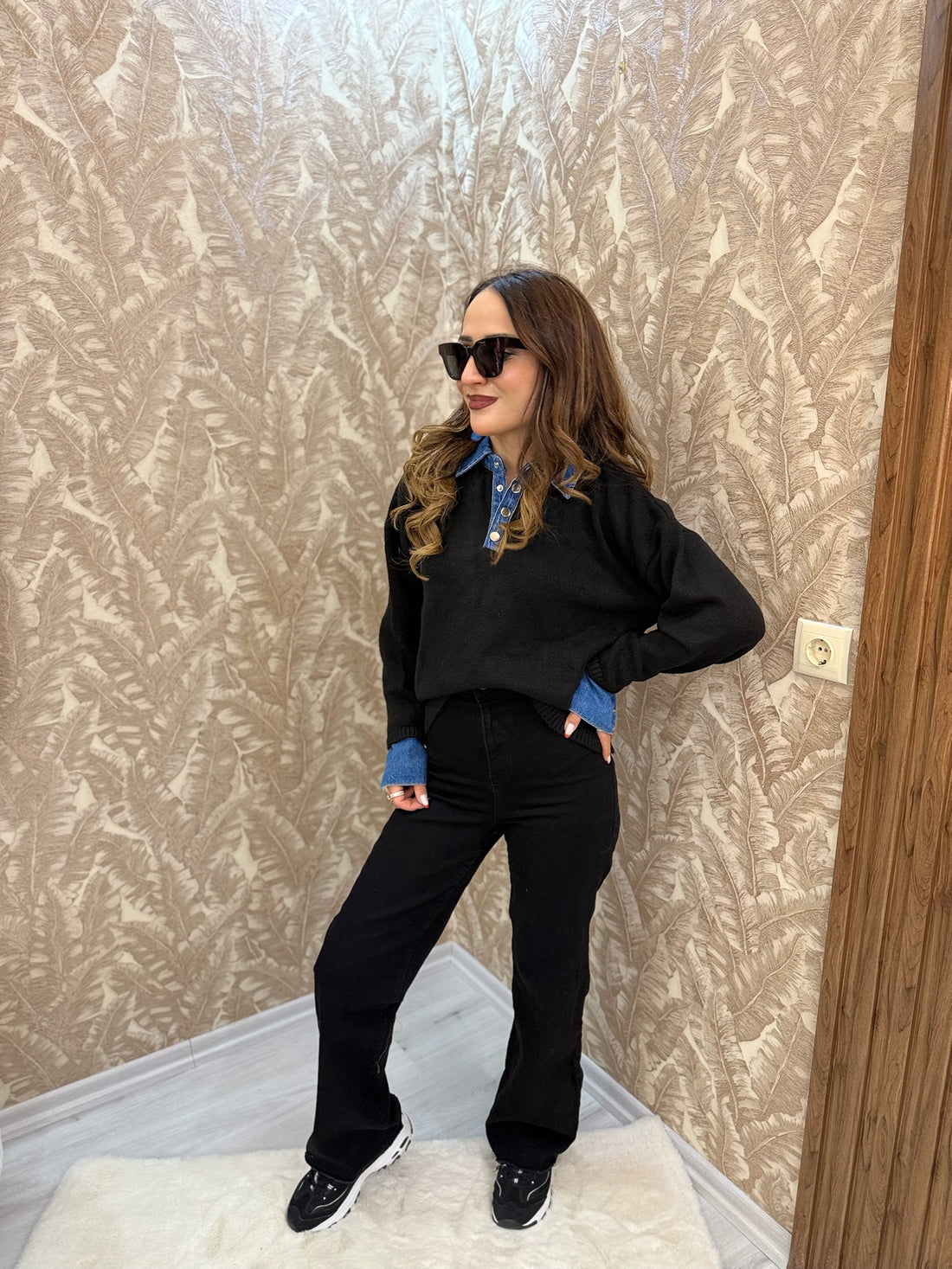 Denim Detaylı Triko Üst