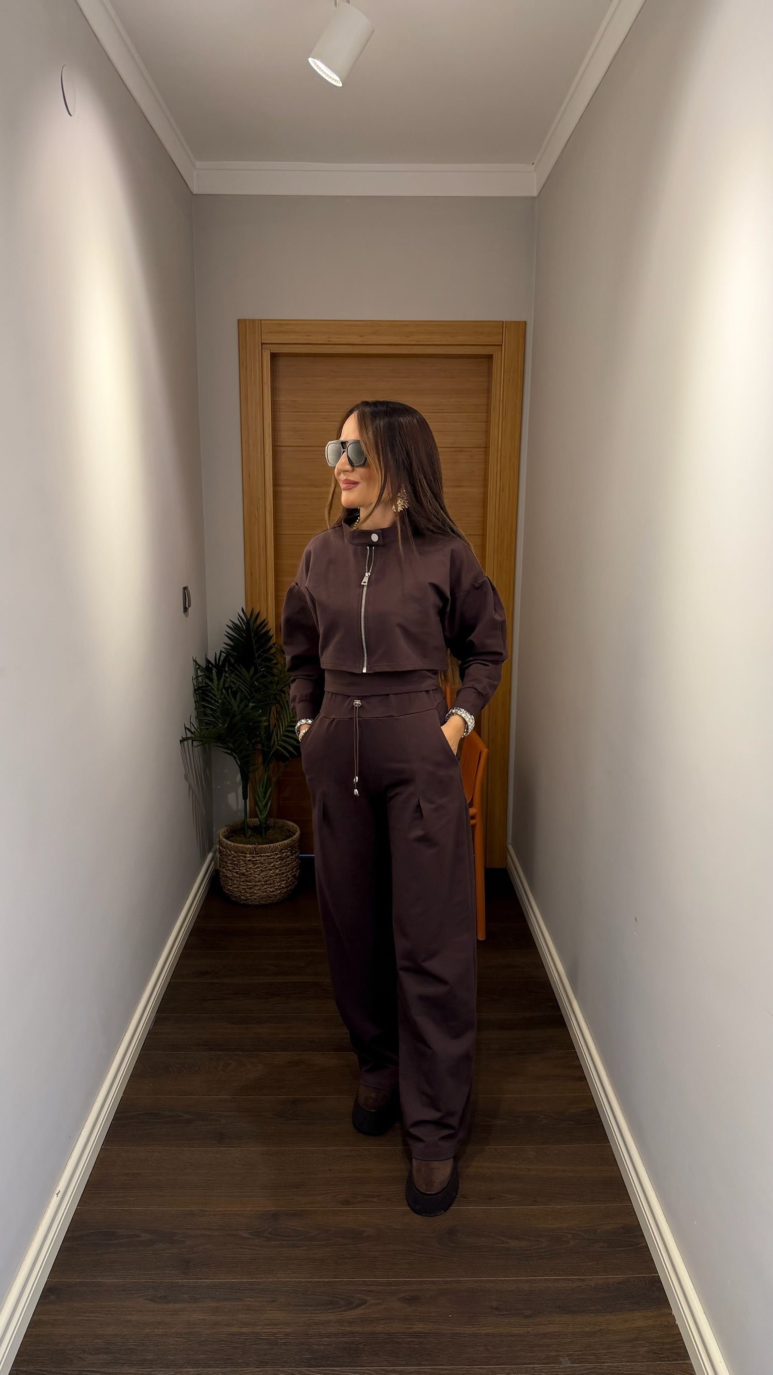 Fermuar Detaylı Crop Ceket & Pantolon Takım