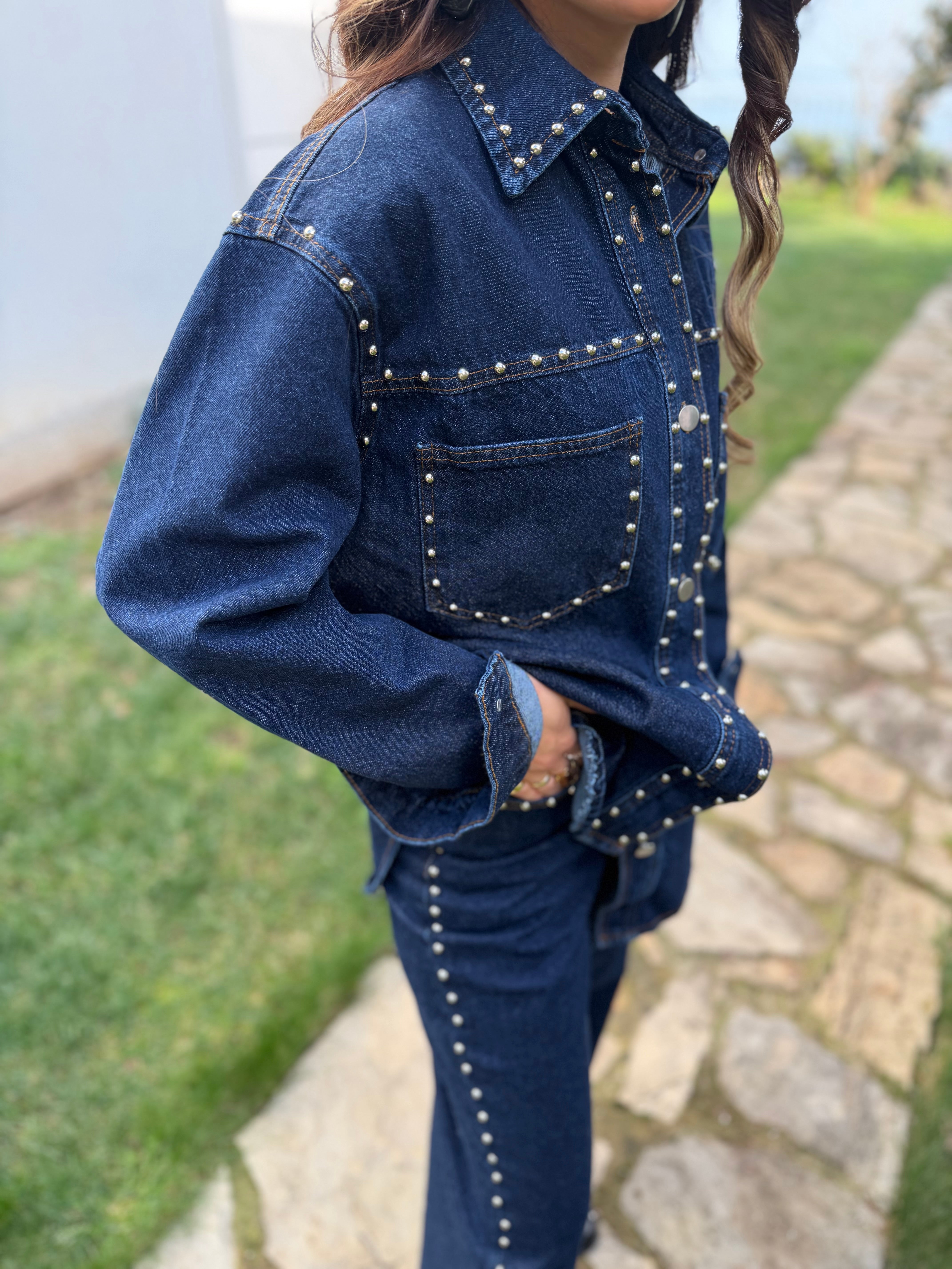 Taş Detaylı Denim Gömlek & Pantolon Takım